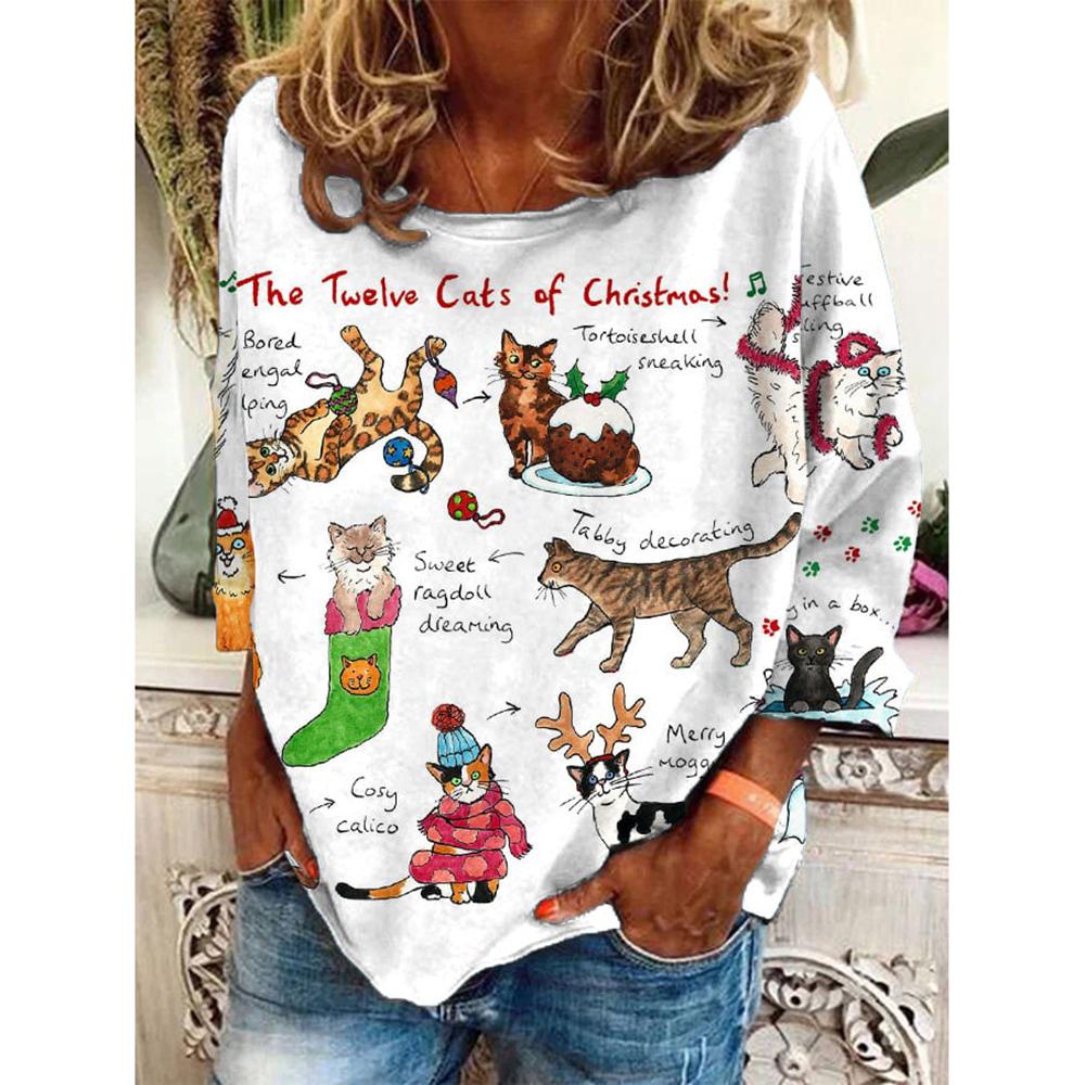 

Осенняя футболка с длинным рукавом с милым принтом кота для женщин, рождественский топ с принтом животных, модная женская одежда больших размеров, хлопковые футболки S