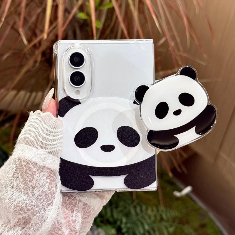 Kawaii Cartoon Panda Magnetic Phone Case For Samsung Galaxy Z Fold 8 Ultra 7 6 5 Fold7 Fold6 Cover with Magsafe Stand Cute Cases