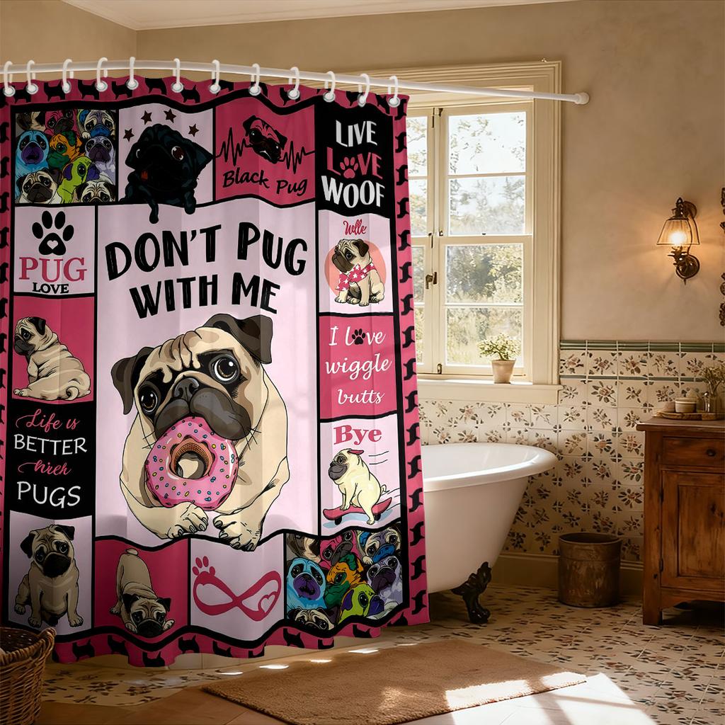 Hundemama Duschvorhang 90 g/m² Wasserdicht Boston Terrier Mops Aufdruck Badezimmer Dekoration Mit Haken