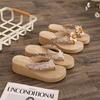 Bohemian Small Fragrant Style Imitation Grass Rope Woven Applique Flip-flops Xia Liang Slippers Women Wear Wedge Heels High Heels Beach Shoes