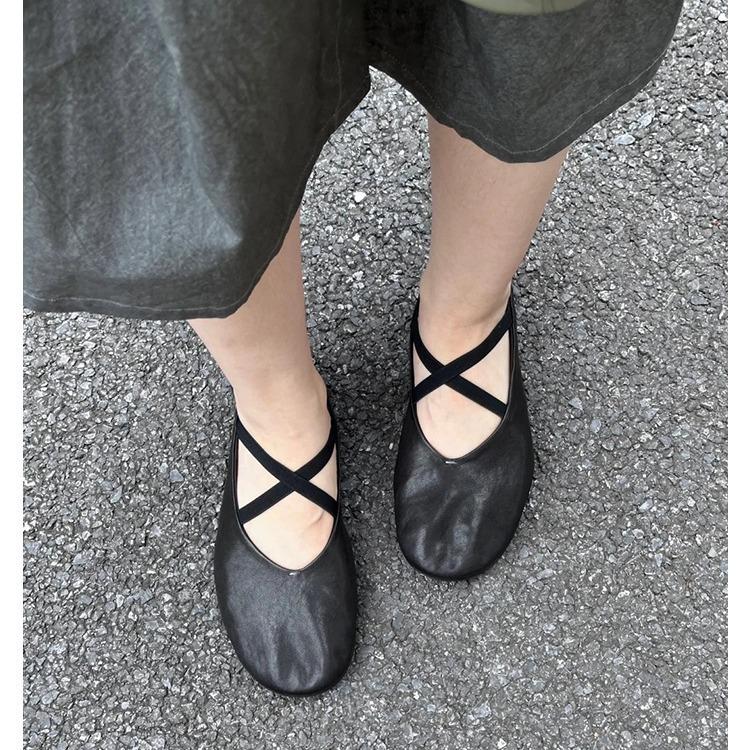 Sheepskin Version~ Round Head Cross Strap Flat-bottomed Ballet Shoes Retro Black Single Shoes Women's Shallow Mouth Mary Jane Small Leather Shoes