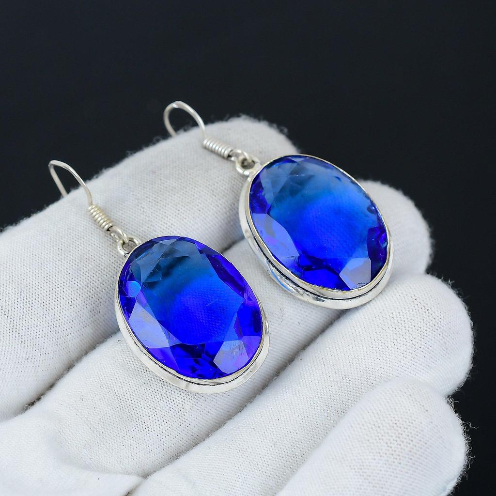Atemberaubende London Blue Topaz Edelstein Ohrringe, 925 Sterling Silber Ohrringe, Handgefertigte Boho Silber Schmuck Hängeohrringe, Ostergeschenk für Ehefrau
