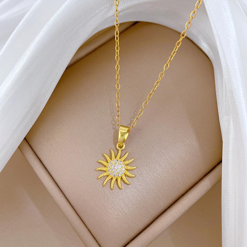 Titanium Steel, Light Rotating Sunflower Light Luxury Temperament Gorgeous Full Diamond Necklace Female Versatile Collarbone Chain Titanium Steel