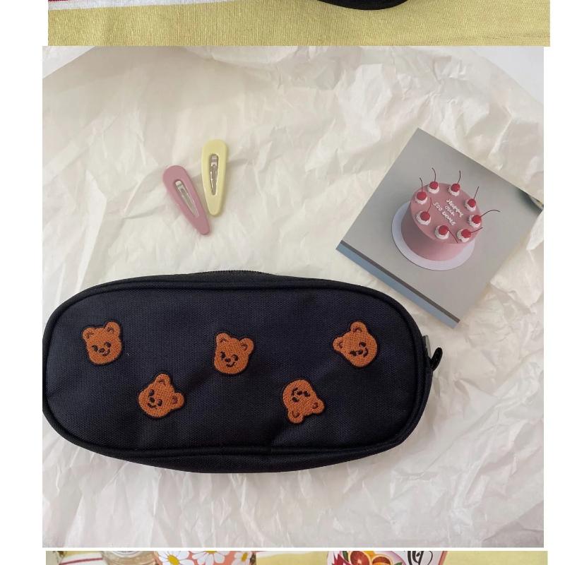 1 Stück Kawaii Bärenstickerei Canvas Stiftetasche Federmäppchen Geschenk Kosmetik Schreibwaren Studentenbedarf Tragbare Make-up-Tasche