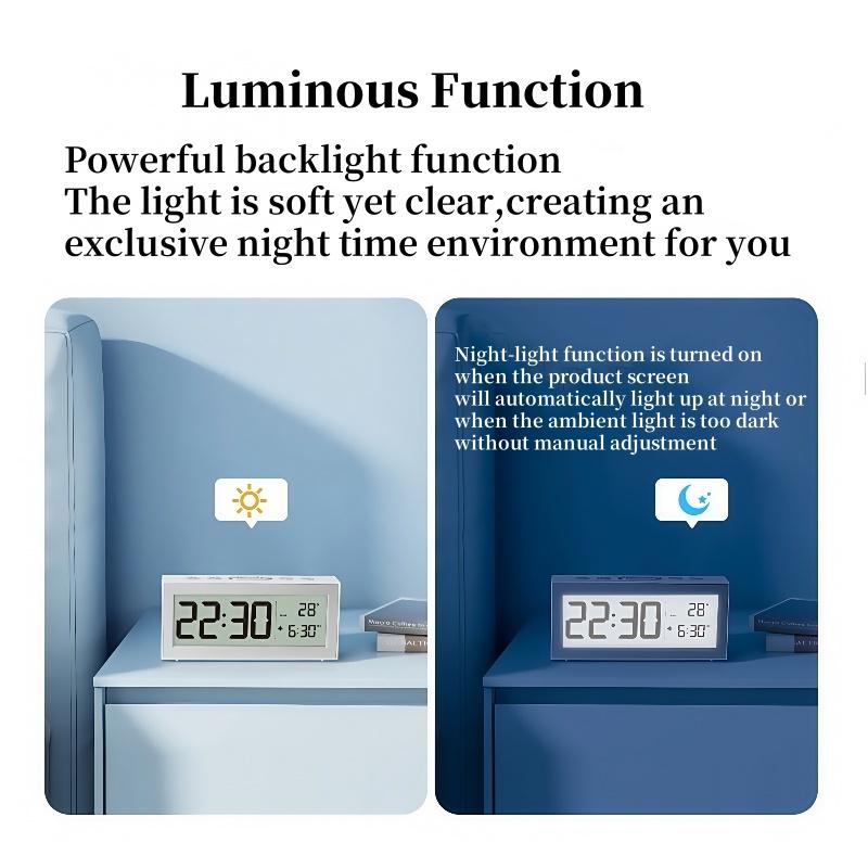 Battery Powered Digital Alarm Clock TEMP Date Backlight Night-light Unlimited Snooze Table Clock 12/24H Auto Dimmable LCD Clock