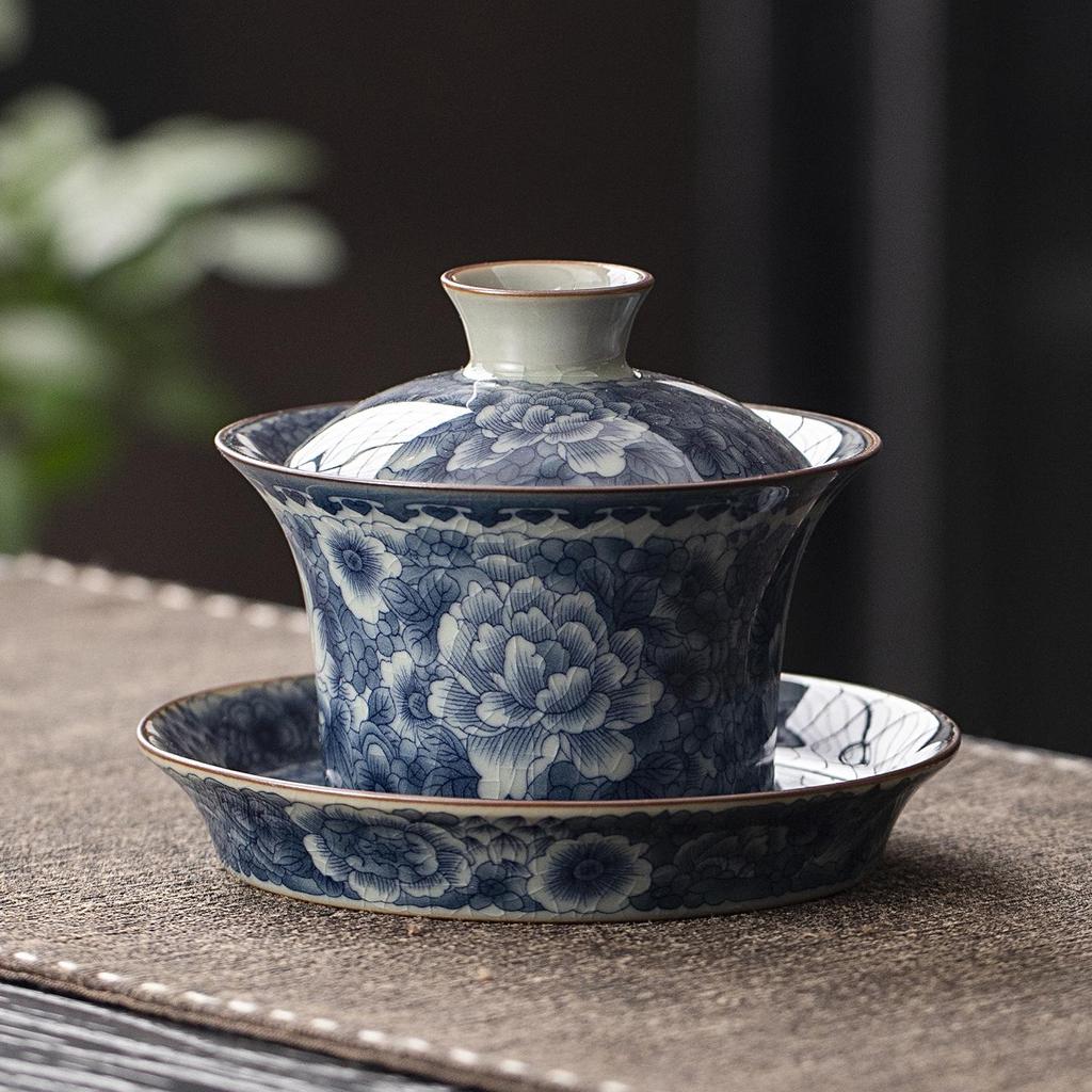 Antique Sancai Blue & White Gaiwan Kung Fu Tea Set: Cultivable Crackle Ceramic Tea Bowl & Large Cup