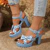 2025 Summer Women's Sandals Platform Bow Tie Buckle Strap Dress Sandals Chunky High Heel Shoes Blue Denim Outwear Shoes