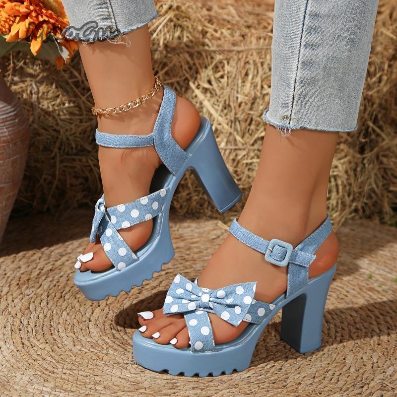 2025 Summer Women's Sandals Platform Bow Tie Buckle Strap Dress Sandals Chunky High Heel Shoes Blue Denim Outwear Shoes