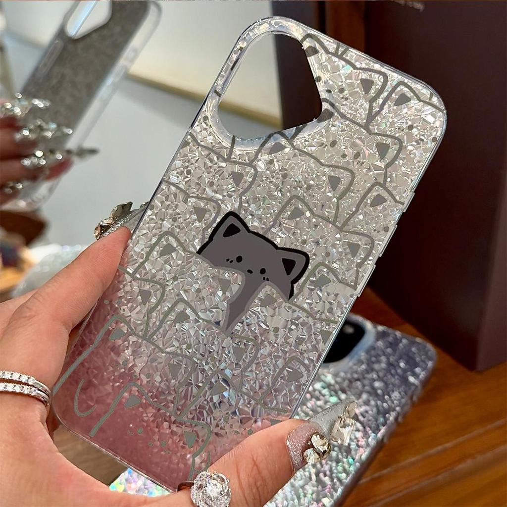 Case for iphone XS Max 16 Plus 17 Pro 14 15 11 18 Pro Max 13 Air 12 XR Silver Glitter Crackle Background Cat Hidden Patterns