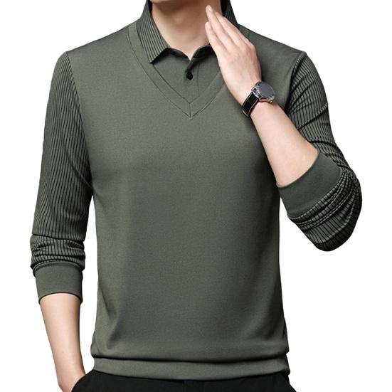 Men Fall Winter Top Fake Two-piece Pluish Lined Turn-down Collar Formal Business Style Shirt Mid-aged Men Father Office Work Clothes