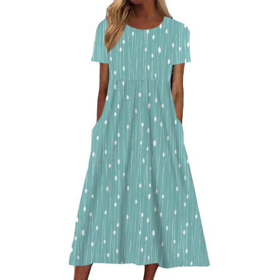Dámské letní šaty s krátkým rukávem Ležérní květinový potisk Midi šaty s kulatým výstřihem a kapsami Splývavé plážové letní šaty do A