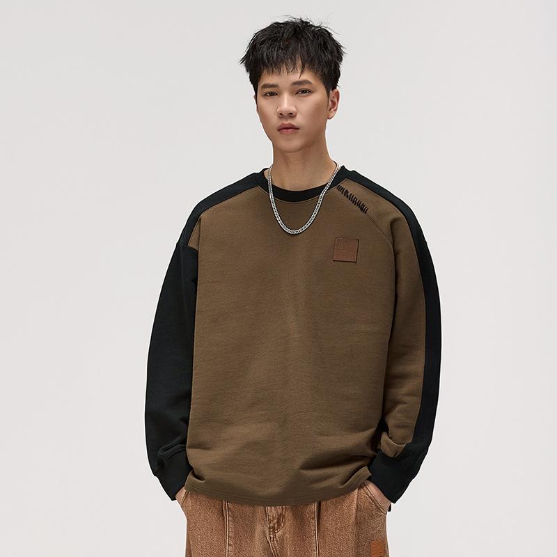 High-End 420G Heavy Splicing Design Long-Sleeved Sweater Men'S Contrasting Color Loose Casual Top