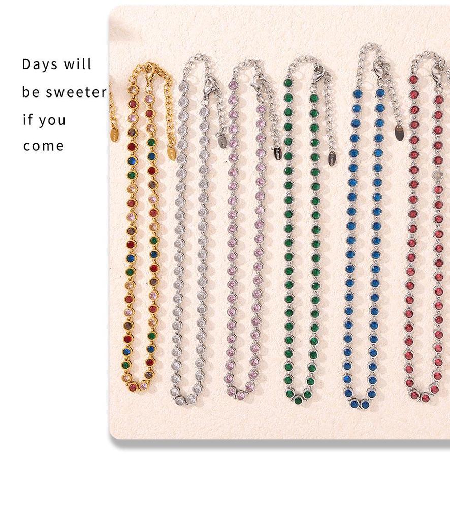 Bohemian Zircon Jewelry Set: Colorful Beads, Round Necklace & Bracelet, Titanium Steel with PVD Plated 18K Gold.