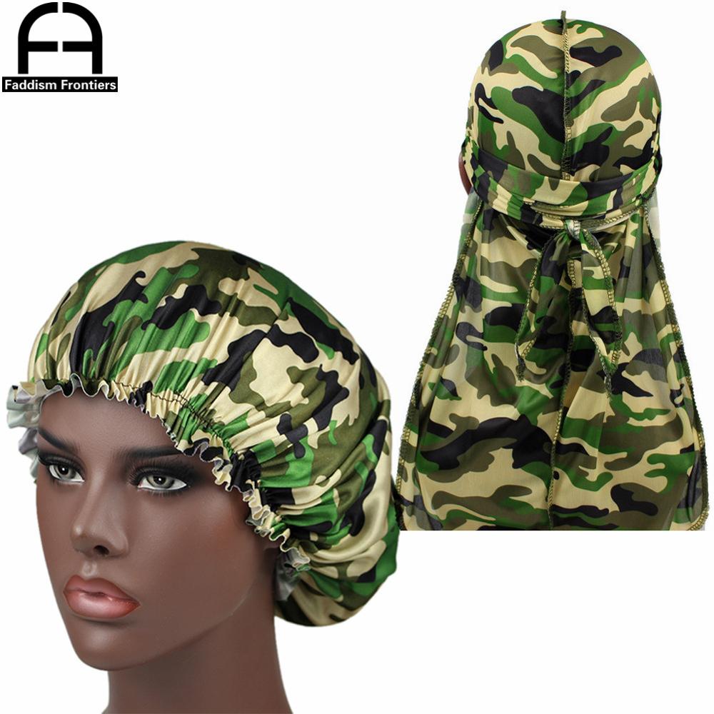 Camo Silky Durag Match Bonnet Women Camo Pattern Print Fabric Ankara Bonnets Sleeping Cap Ladies Turban