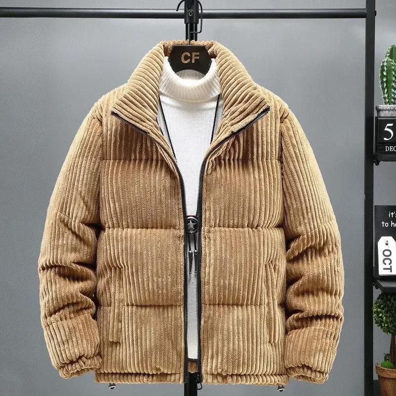 Winter Herrenbekleidung Dicke Warme Cord Steppjacke Parka Vintage Lässig Locker Stehkragen Reißverschluss Baumwollgepolsterte Jacke Mantel