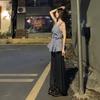 Korean Retro Blue Plaid V-neck Sleeveless Vest Women's Summer New Design Waist Pleated Shirt Top