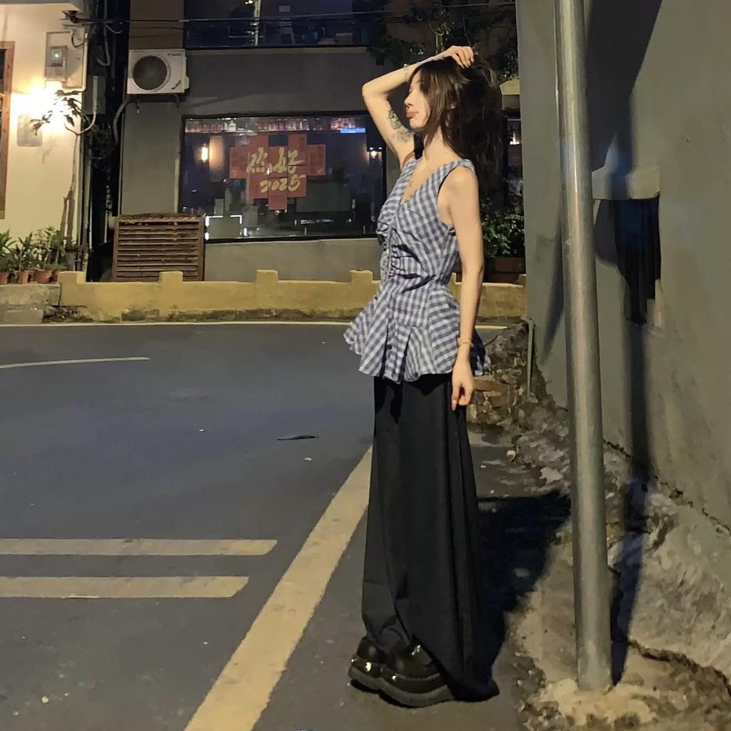 Korean Retro Blue Plaid V-neck Sleeveless Vest Women's Summer New Design Waist Pleated Shirt Top