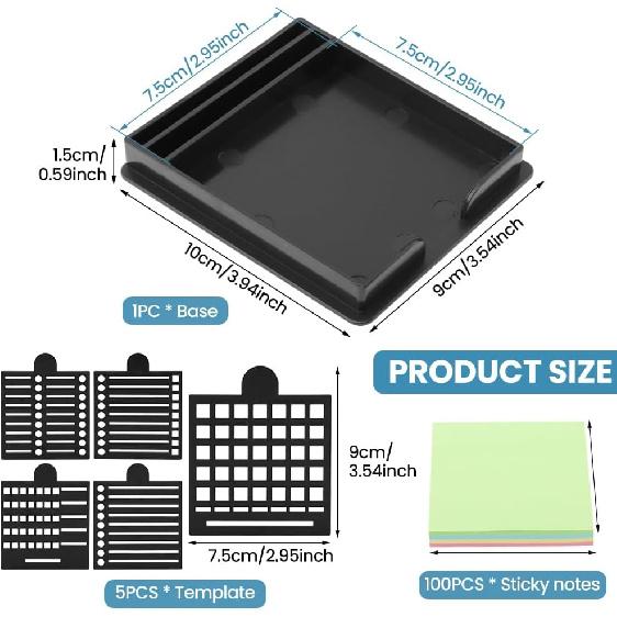 Sticky Note Holder with 5 Different Stencil, 3x3 Sticky Note Stencil Dispenser for Desk, Reble Memo Pad Organizer with Five Line Box Drawing Template