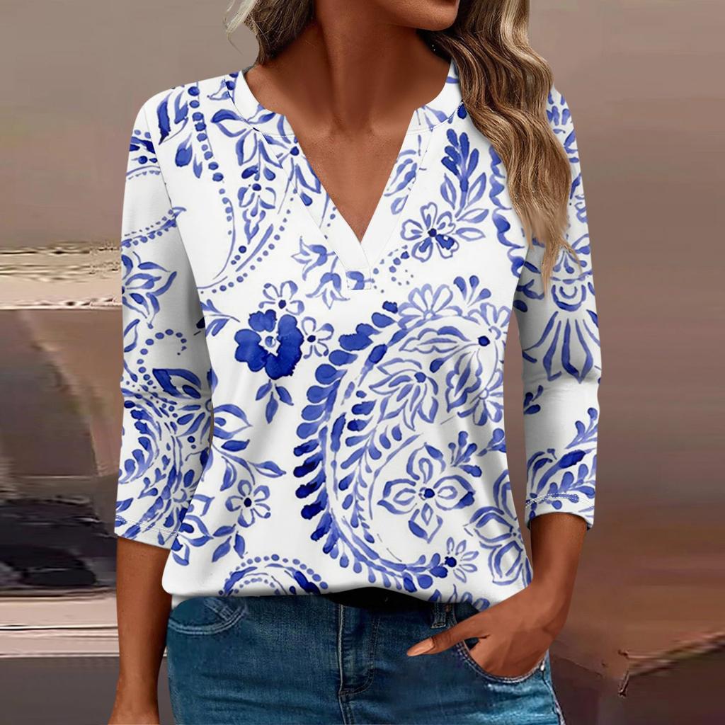 Women's T Shirt Tee Print Button 3/4 Sleeve Daily Weekend Fashion Basic V Neck Regular Top