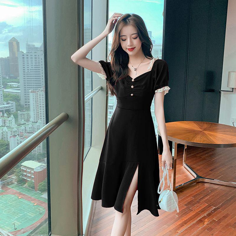 Elegant Forest Girl Slim-Fit Little Black Dress - Hepburn Style, Youthful Waist-Cinching Summer Design