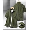 Men's Summer Cotton Short Sleeve Polo Collar Shirt Multiple Pockets Workwear Loose Plus Size Thin Casual Top for Middle Aged Young