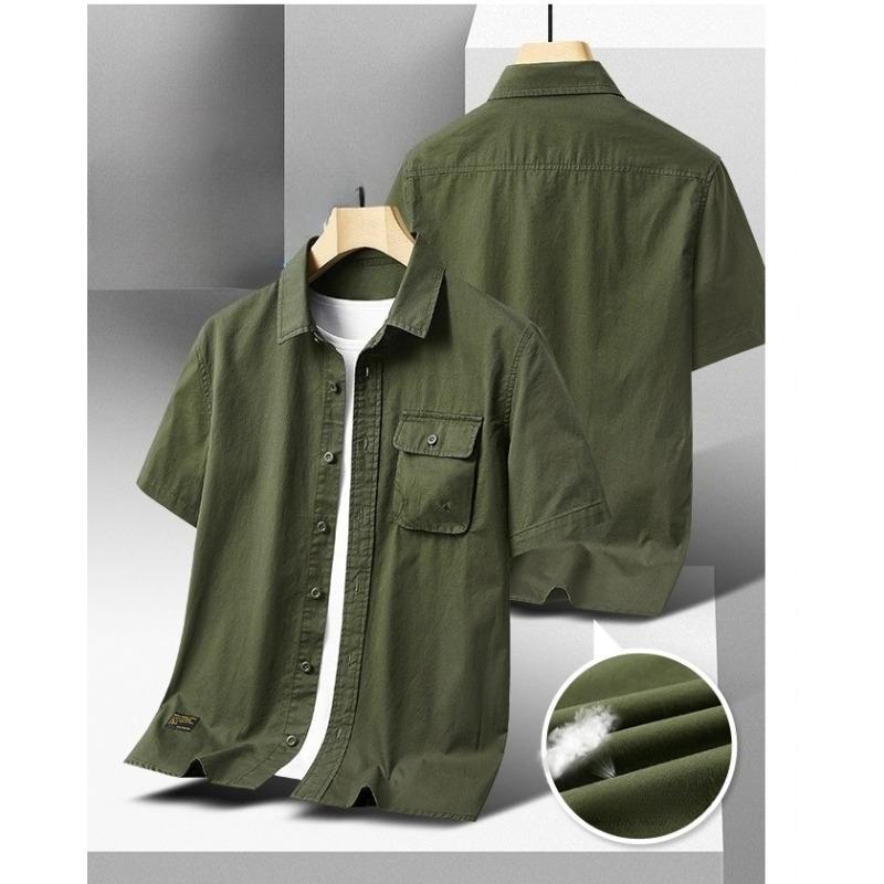 Men's Summer Cotton Short Sleeve Polo Collar Shirt Multiple Pockets Workwear Loose Plus Size Thin Casual Top for Middle Aged Young