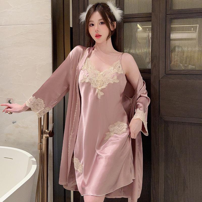 1011 New Women's Summer Ice Silk Pure Desire Style Nightgown Set, Lace Sexy Nightgown Two-Piece Set