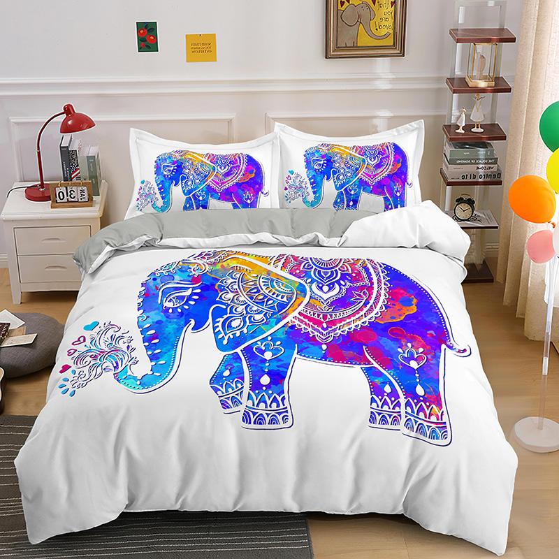 Bohemsk Elefant Sengetøy Sett Queen King Size Fargerikt 2/3 stk Dynetrekk Boho Psykedelisk Indisk Mandala Polyester Dyne Trekk