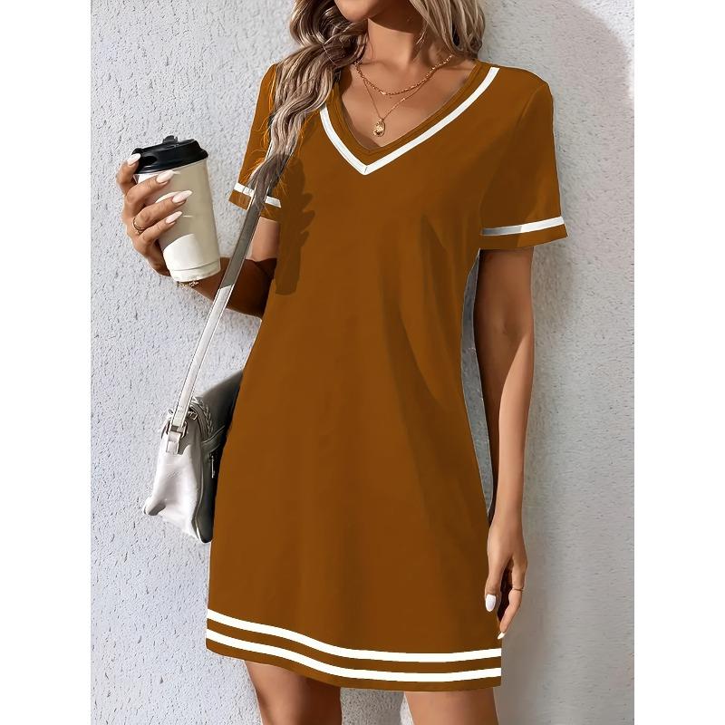 QICED Fashion Summer Spring Short Sleeve V-Neck Casual Dresses
