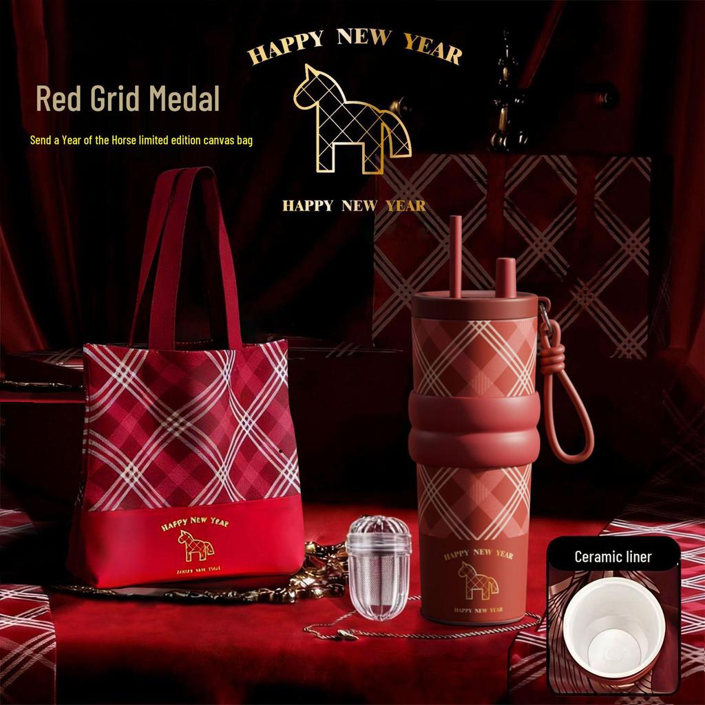 Year of the Horse Stainless Steel Thermos Cup with Ceramic Liner & Straw - Girls' Car Water Bottle, Perfect New Year Gift