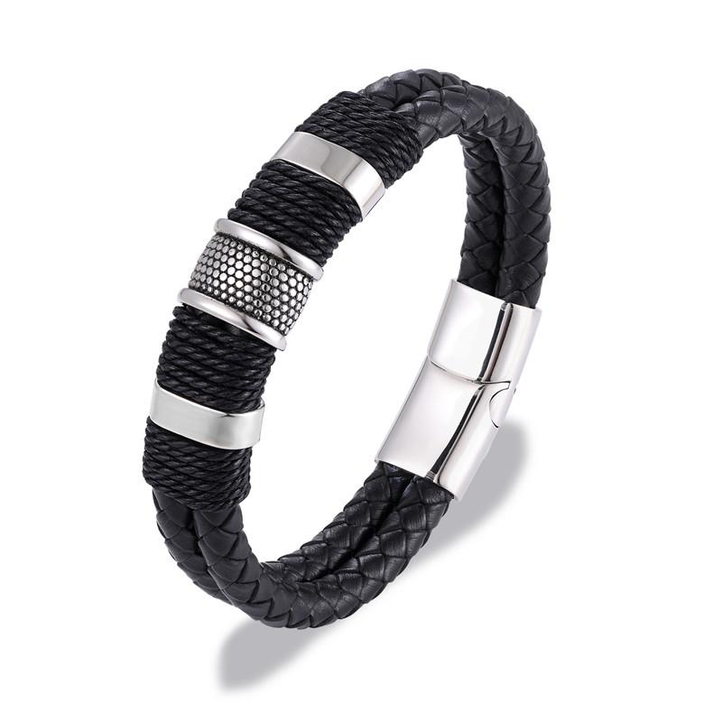Punk Men Jewelry Black/Brown Braided Leather Bracelet Stainless Steel Magnetic Clasp Bangles 19/21/23cm