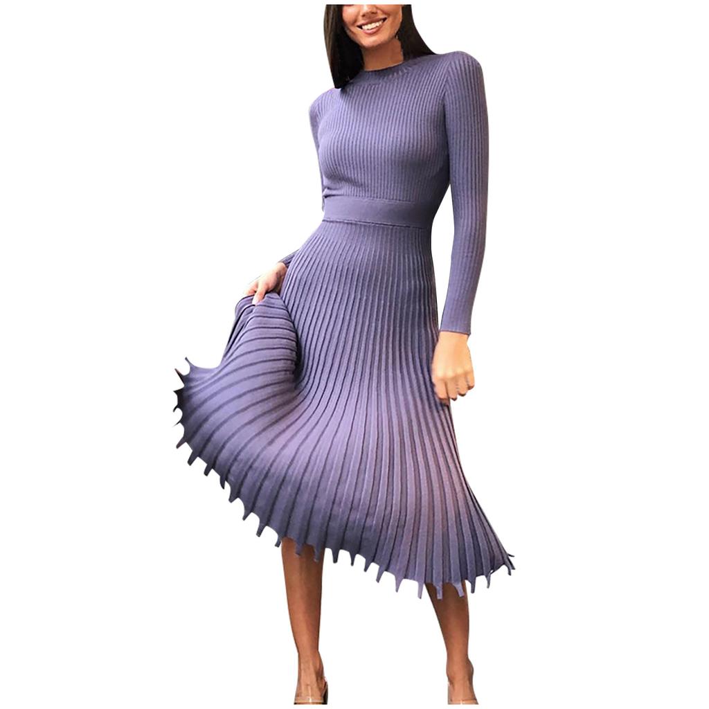Fashion Women Solid Knitted Dress Long Sleeves Bottoming Pleated Dress