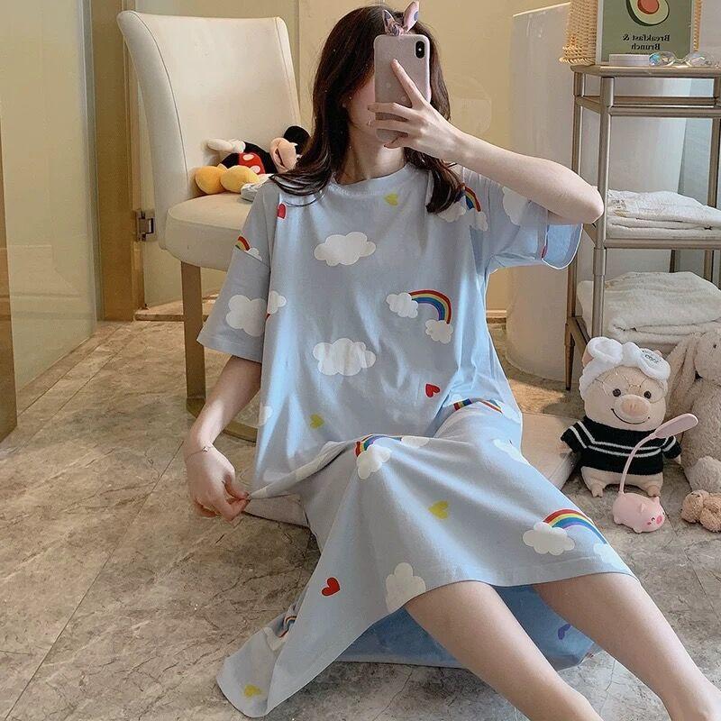 Girls' Summer, Spring and Autumn Short-sleeved Home Wear with Cute Cartoon Designs and Loose Style Pajamas and Nightgowns