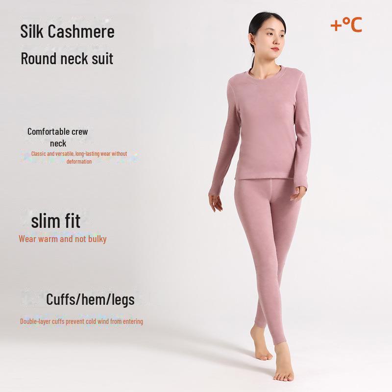 Women's Thermal Cashmere Underwear Set: Meiyabi Silk-Infused Velvet, Round Neck, Class A, Close-Fitting Autumn Top & Trousers.