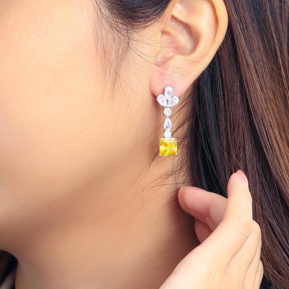 Light Luxury Temperament Design Sense Yellow Diamond Square Earrings Super Fairy Earrings Ear Jewelry