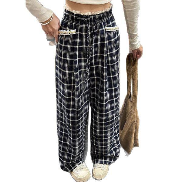 Spring 2025 Women's High Waist Plaid Lace Casual Pants - Korean Style Slimming Straight Wide-Leg Trousers