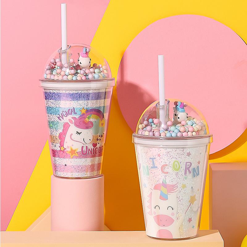 Double Layers Plastic Water Bottle With Straw Bubble Unicorn Lid Korean Style Creative Gift Mug For Milk Coffee Tea Handy Cup