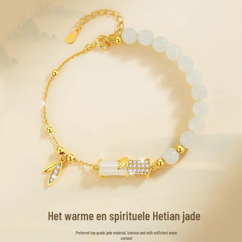 Bamboo Hetian Jade Sterling Silver Bracelet for Women – Elegant Beaded Christmas Gift