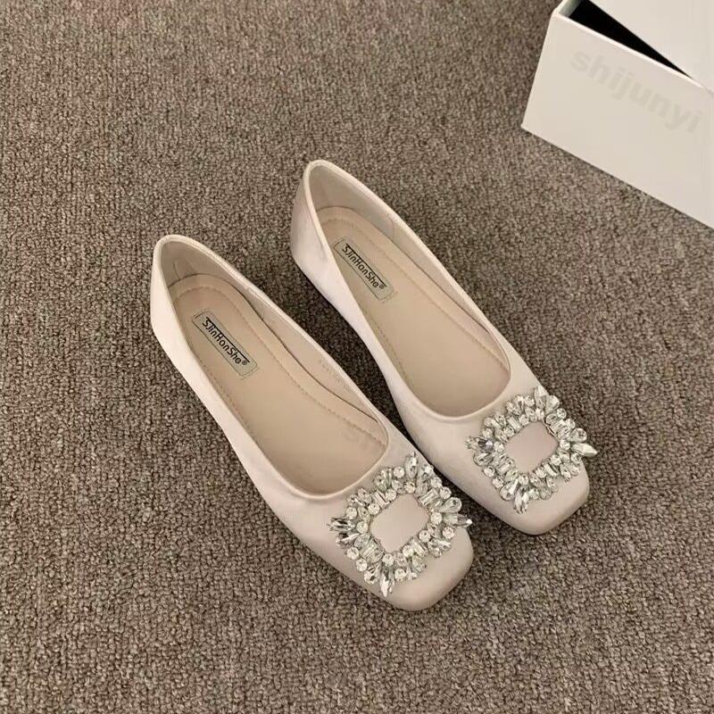 Woman Flats Square Toed Rhinestone 2026 Autumn Shallow Mouth Dress Fashion Flat Shoes Comfortable Silk Outdoor Casual Shoes