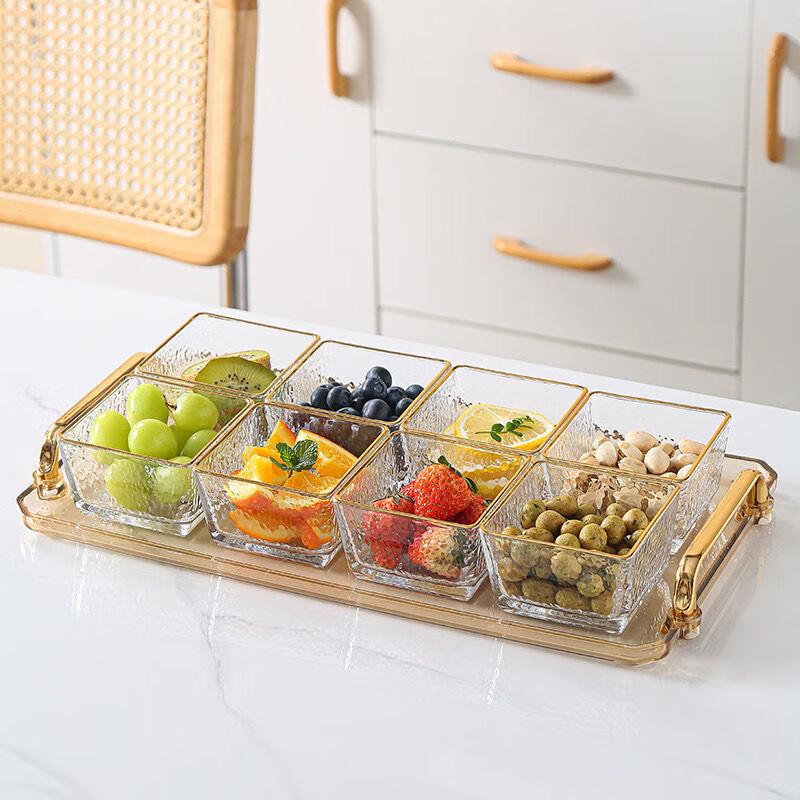 Elegant Glass Snack & Candy Serving Tray Eight-Grid Tray with Hammered Gold Rim