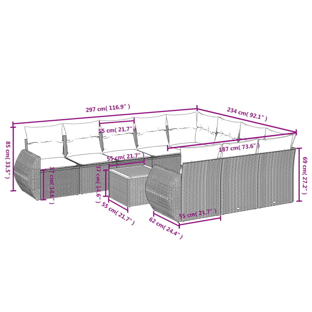 Vidaxl 11-Cz. Garden Furniture Set With Cushions, Beige, Poly Rattan