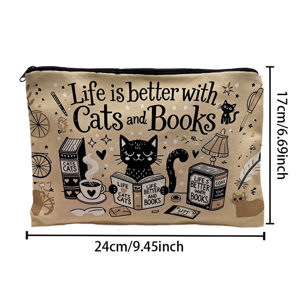 Double-Sided Cosmetic Storage Pouch with Cat Book Art Design, Multi-Purpose Daily Toiletry Bag, Fashionable Portable Accessory