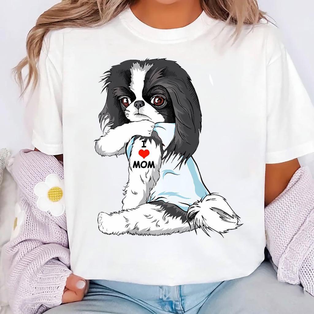 I Love Mom Japanese Chin Shirt, Tattoo Dog Mom Tee for Women, Funny Mothers Day Gift, Japanese Chin Lover