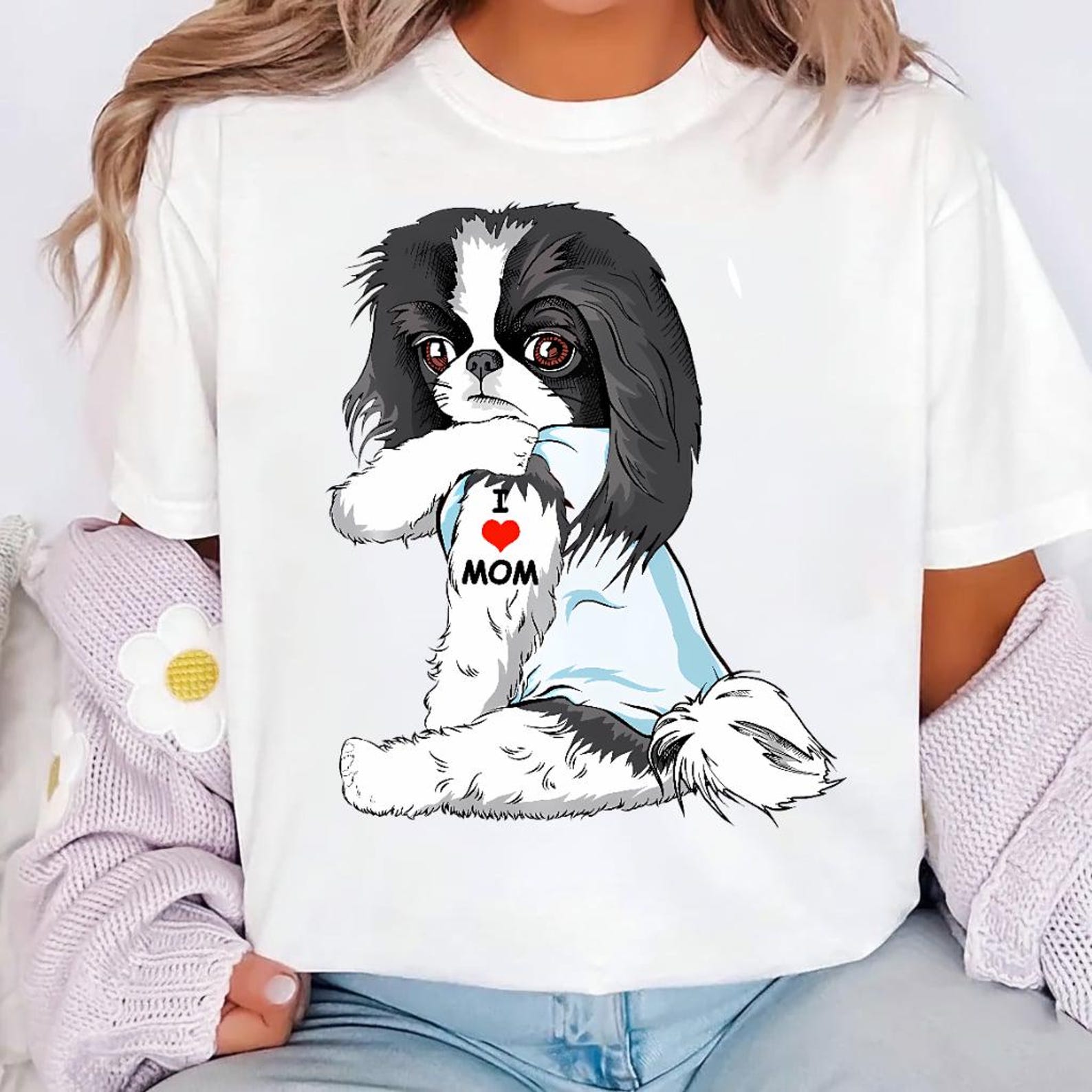 I Love Mom Japanese Chin Shirt, Tattoo Dog Mom Tee for Women, Funny Mothers Day Gift, Japanese Chin Lover M