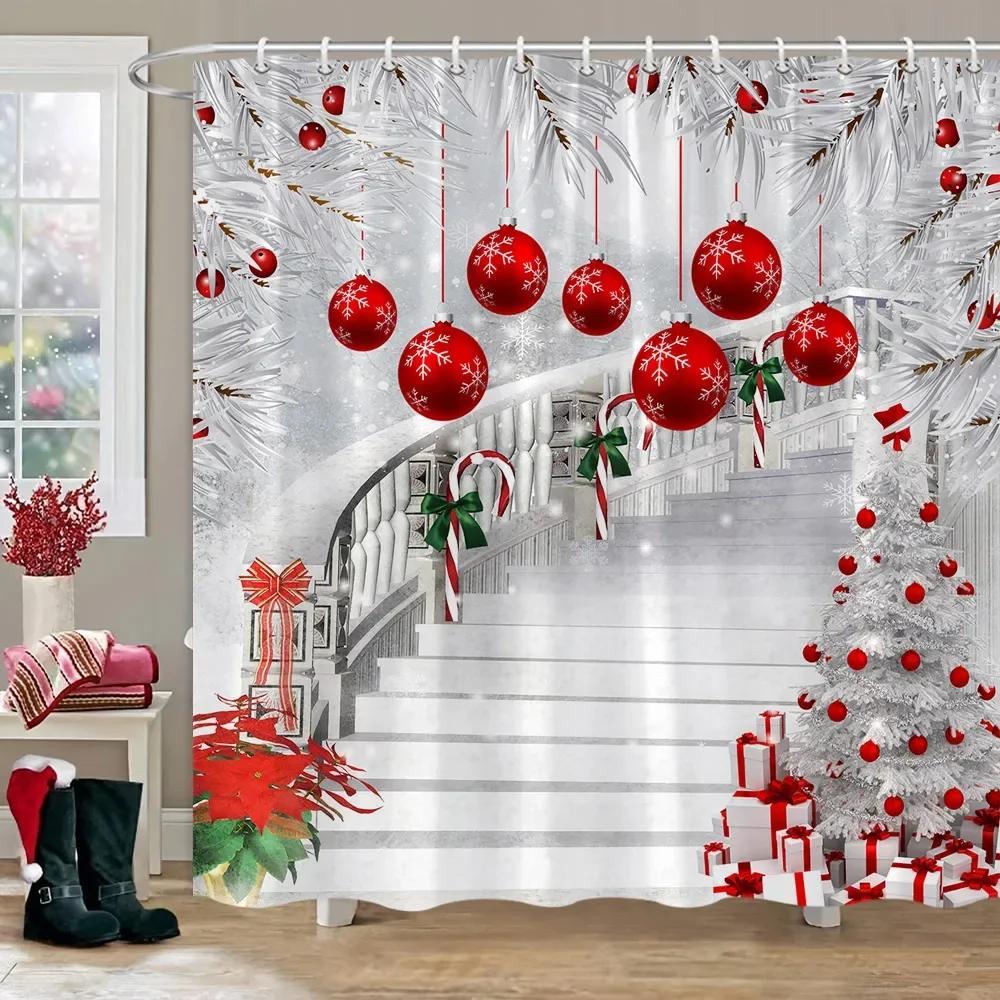 Christmas Gift Theme Shower Curtains Snowman Christmas Tree Mascot Ball Happy New Year Washable Home Bath Curtain Bathroom Decor