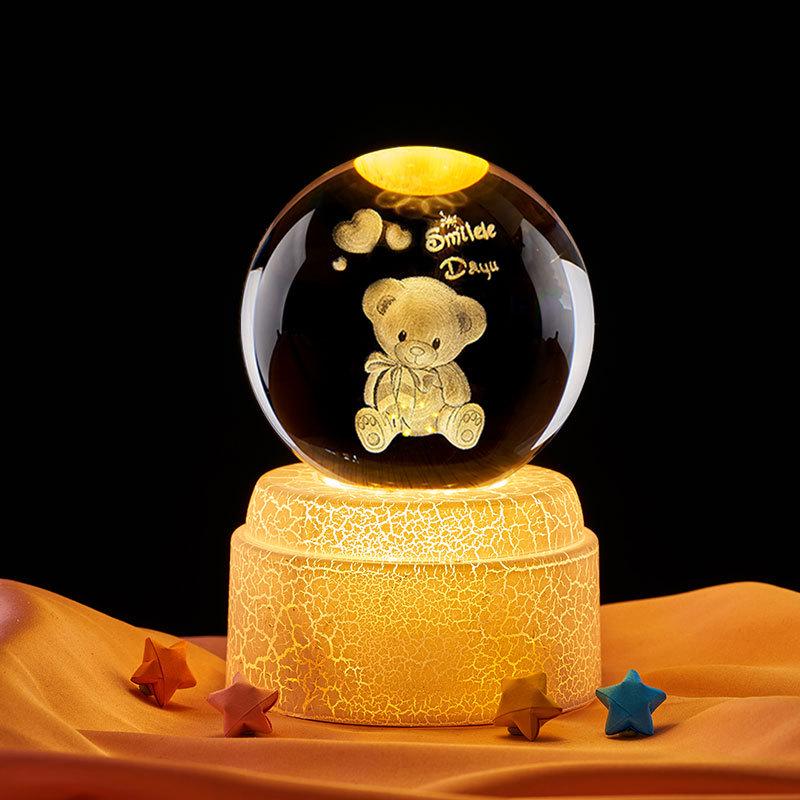 Luminous Teddy Bear Crystal Ball Night Light with Wooden Base - Creative Desktop Decoration Gift.