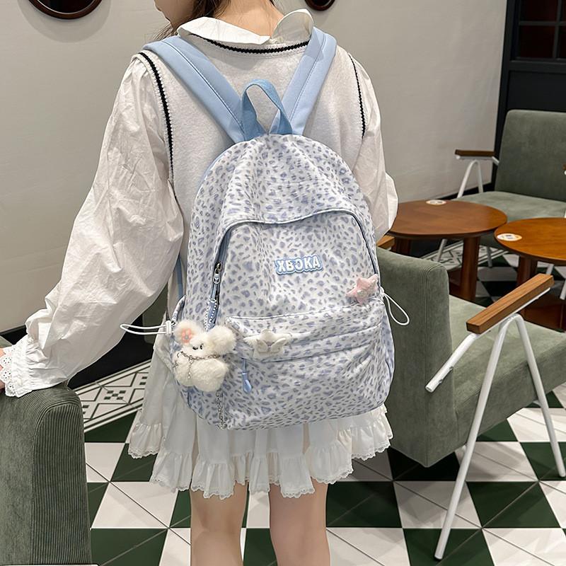 Fashion Pattern Leopard Student Backpack With Plush Pendant For Daily Use