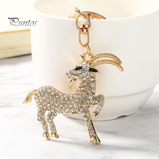 Decorative Backpack Accessory Goat Keychain with Sparkling Rhinestone, Golden Plated Sheep Alloy Rhinestone Keyring, Bling Animal Pendant for Handbag
