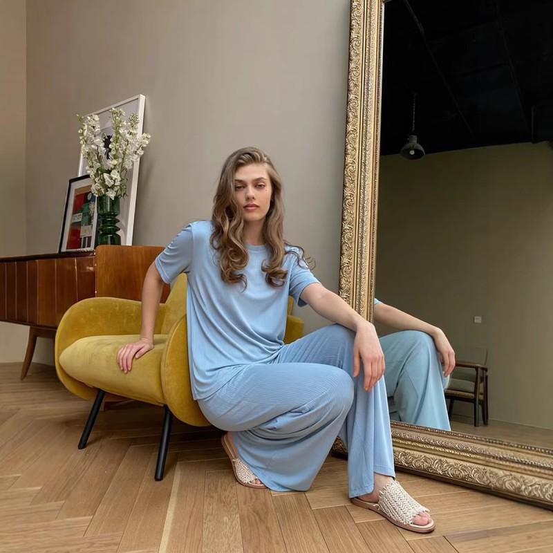 2026 Soft Modal Set Women Casual Short Sleeve Top Wide Leg Pants Two Piece