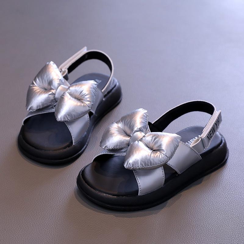 Summer Kids Sandals for Girls Luxury Big Bowtie Princess Causal Open-toe Sandals Fashion Children School Beach Shoes Hook Loop